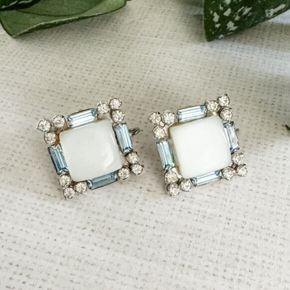 Coro Jewelry - Vintage Coro rhinestone & thermoset plastic square clipback earrings blue white